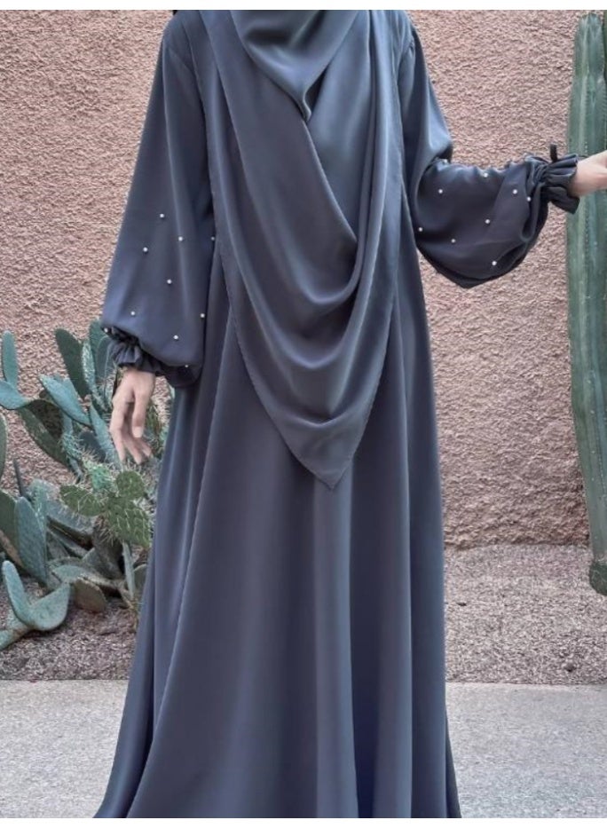 سلسلة اللؤلؤ: الشرق الأوسط اللون الصلب للنساء رداء اللؤلؤ الأكمام فستان Abaya قطعتين مجموعة الحجاب الطويل مناسبة جدا للنساء يوميا ارتداء الصيام شهر الصلاة - Image 5