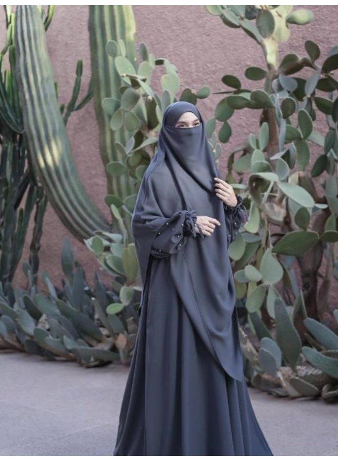 سلسلة اللؤلؤ: الشرق الأوسط اللون الصلب للنساء رداء اللؤلؤ الأكمام فستان Abaya قطعتين مجموعة الحجاب الطويل مناسبة جدا للنساء يوميا ارتداء الصيام شهر الصلاة - Image 1