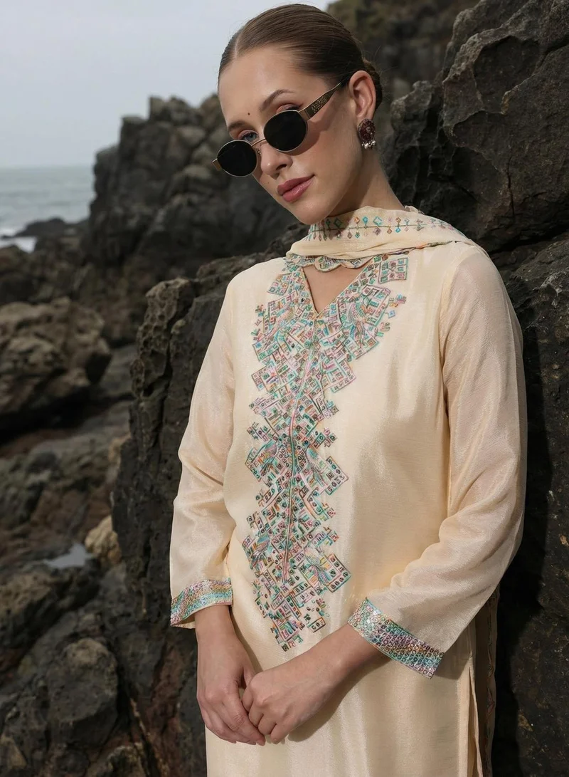 ISHIN Off White Poly Embroidered Flared A-Line Tunic & Full Length Palazzo Kurta Set For Women