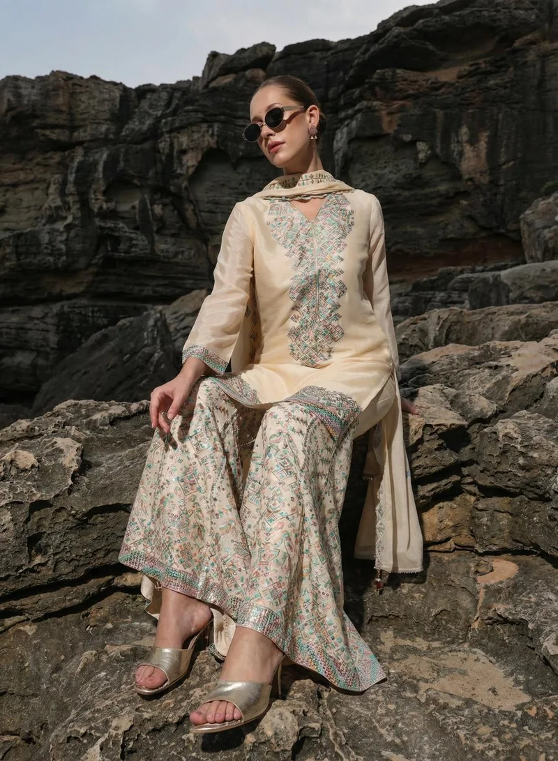 ISHIN Off White Poly Embroidered Flared A-Line Tunic & Full Length Palazzo Kurta Set For Women