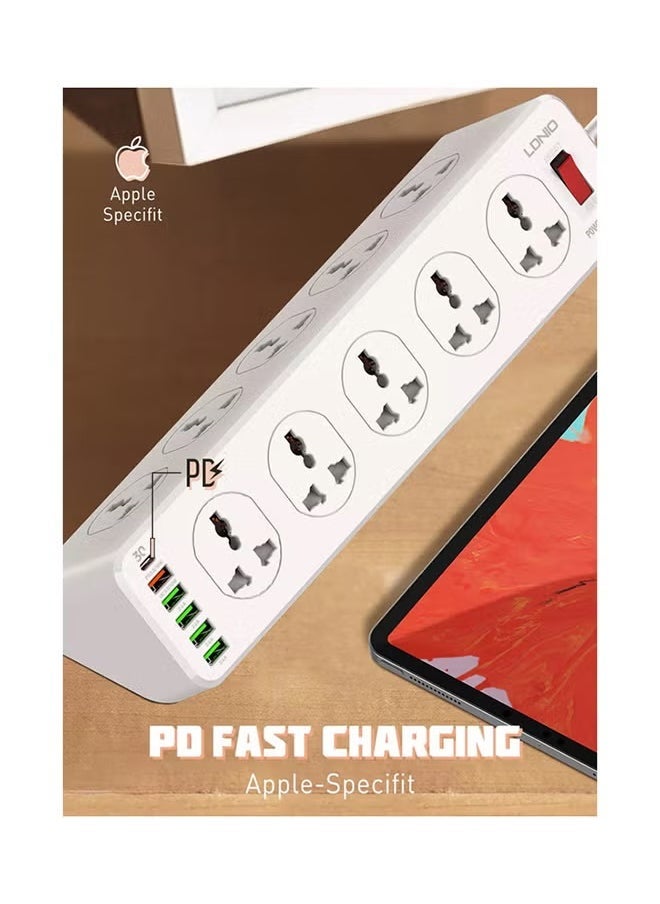 Power Strip with 10-Outlet Surge Protector and 6 USB Ports – 32W PD & QC 3.0 Fast Charging, Heavy-Duty 2M Extension Cord, Overload Protection, Multi-Plug Adapter Socket with Universal Outlets for Home, Office & Electronics – White 36×9×9cm - Image 2
