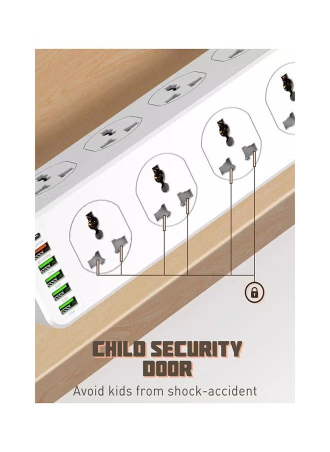 Power Strip with 10-Outlet Surge Protector and 6 USB Ports – 32W PD & QC 3.0 Fast Charging, Heavy-Duty 2M Extension Cord, Overload Protection, Multi-Plug Adapter Socket with Universal Outlets for Home, Office & Electronics – White 36×9×9cm - Image 5