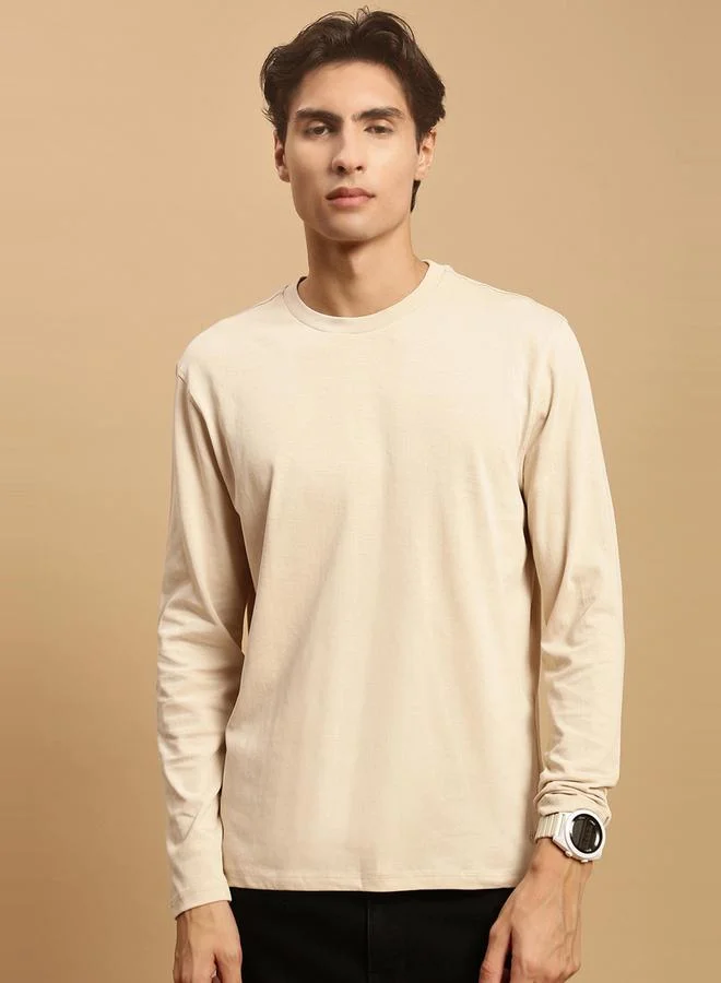 ECOLORE Men Beige Solid Long Sleeves 100% Cotton Comfort Fit T-Shirt