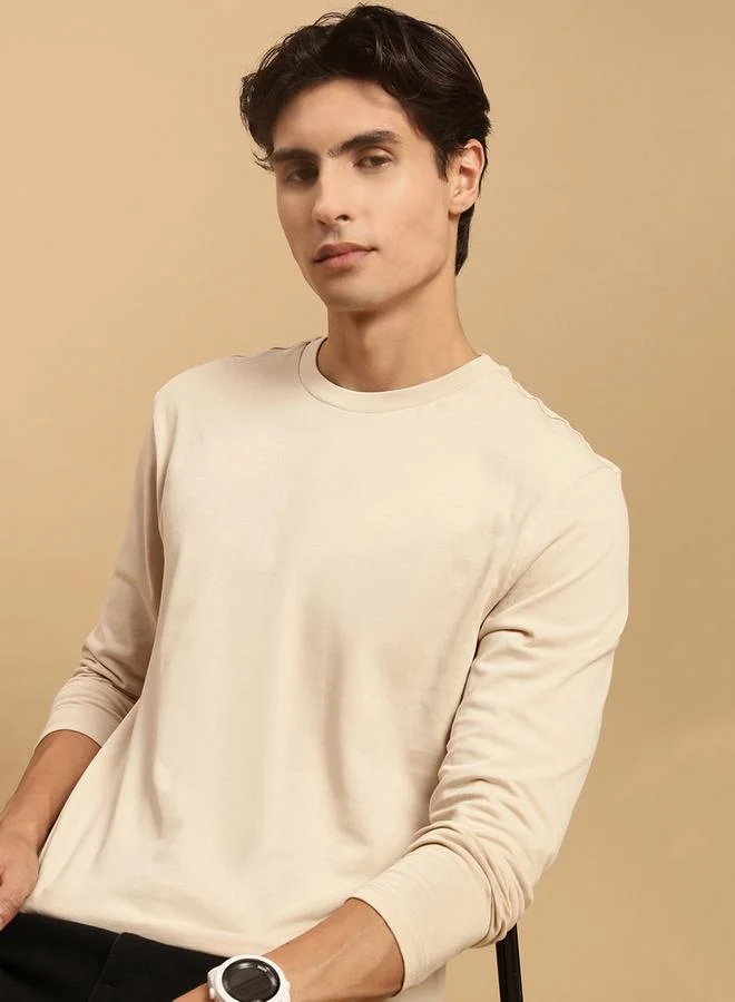 ECOLORE Men Beige Solid Long Sleeves 100% Cotton Comfort Fit T-Shirt