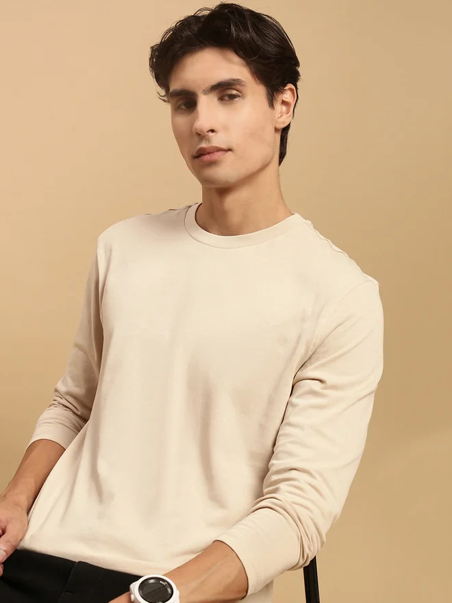 ECOLORE Men Beige Solid Long Sleeves 100% Cotton Comfort Fit T-Shirt