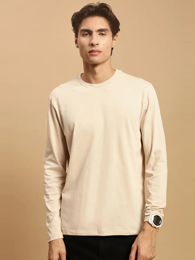 ECOLORE Men Beige Solid Long Sleeves 100% Cotton Comfort Fit T-Shirt