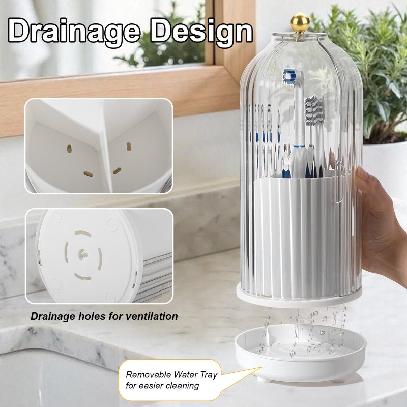 Heagoale Rotating Toothbrush Holders with Cover, Dustproof Toothbrush Holder with Sliding Lid Electric Tooth Brush and Toothpaste Organizer for Bathroom, Makeup Brush Holder for Vanity, White - Image 2