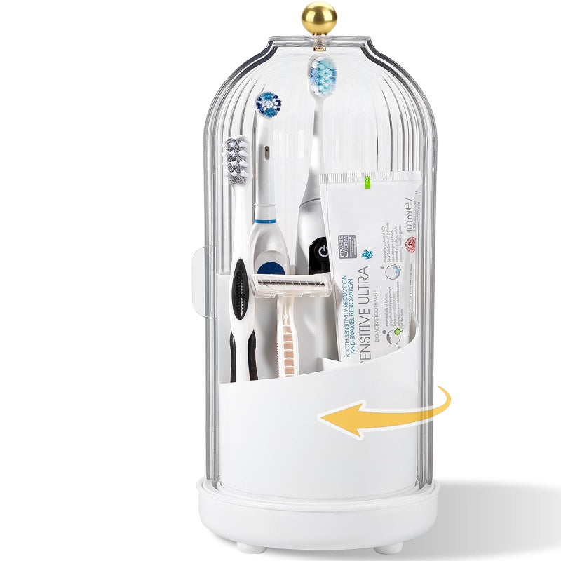 Heagoale Rotating Toothbrush Holders with Cover, Dustproof Toothbrush Holder with Sliding Lid Electric Tooth Brush and Toothpaste Organizer for Bathroom, Makeup Brush Holder for Vanity, White - Image 1