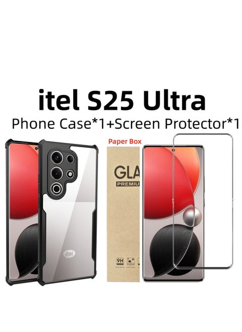 [1+1 Sets] For itel S25 Ultra Case Cover & Screen Protector Phone Case with Anti Drop Function,Tempered Flim
