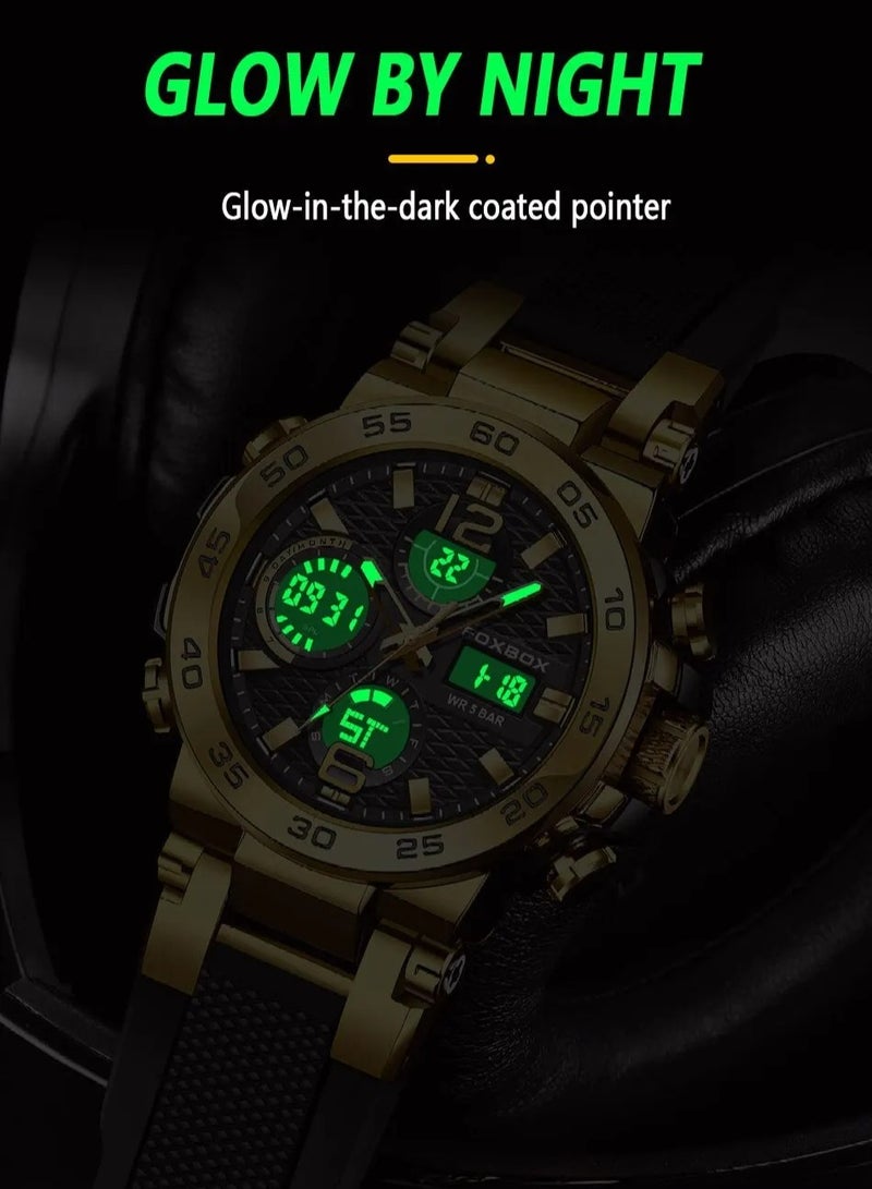 FOXBOX - Dual Display Electronic Watch, Fashionable And Cool Multifunctional Silicone Glow Men's Watch, Sport Leisure Waterproof Business Watch, Military Wrist Watch For Men, (Black Rose) - Image 1