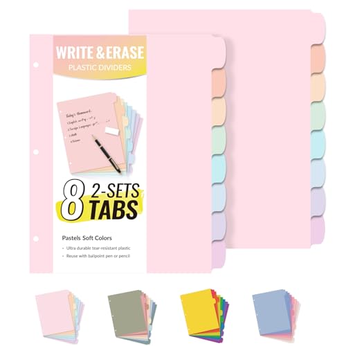 Sooez 8 Tabs Long-Lasting Plastic Write & Erase Large Tabs Dividers for 3 Ring Binder, Aesthetic Cute Pastels Binder Dividers for Student, Teacher, Office, Home Organizers, 2 Sets, Pastels Color - Image 1