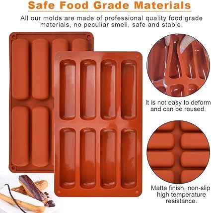 MoldBerry Mold Berry Multicolor 8 Cavity Long Strips Eclair Silicone Mould Slim Bar Chocolate Mould for Chocolate Cracker Bar Stick, Finger Biscuit, Hot Dog Bun Rolls Cake (Multicolor - Pk1) - Image 2