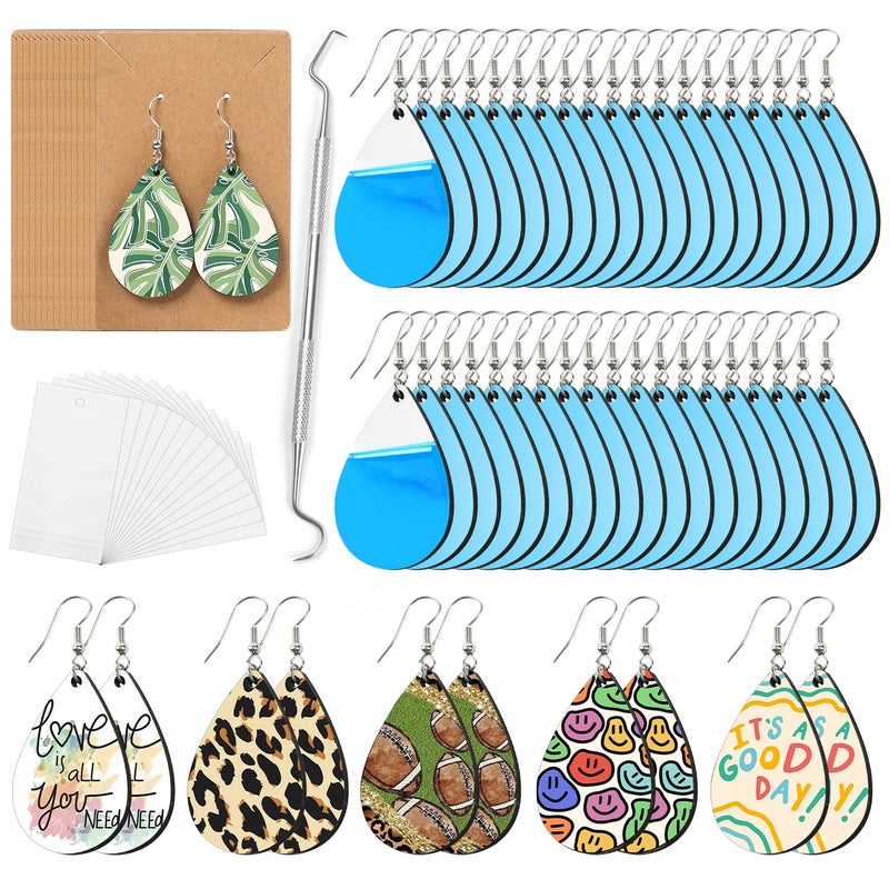 HTVRONT Sublimation Wood Earring Blanks Bulk - 50 Pcs with Blue Protective Film - Unfinished MDF Teardrop Earrings for Sublimation Printing with Template, Weeder, Hooks, Jump Rings - Image 1