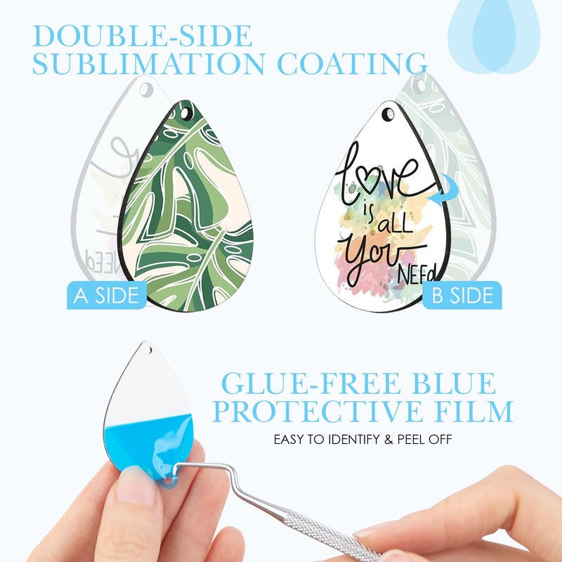 HTVRONT Sublimation Wood Earring Blanks Bulk - 50 Pcs with Blue Protective Film - Unfinished MDF Teardrop Earrings for Sublimation Printing with Template, Weeder, Hooks, Jump Rings - Image 3