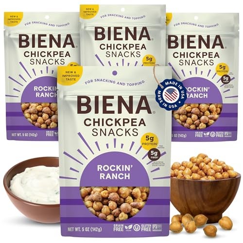 BIENA Chickpea Snacks  Crunchy Roasted Chickpeas  High Fiber Vegan Protein Snacks for Adults and Kids  4Pack 5 Ounce Bags  Rockin Ranch - Image 1