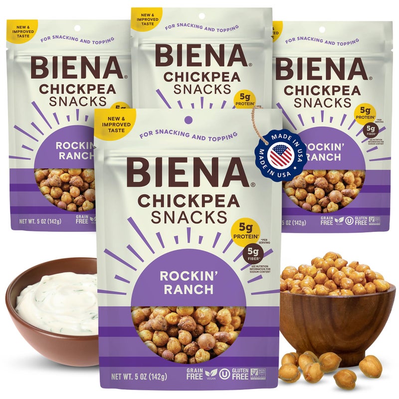 BIENA Chickpea Snacks  Crunchy Roasted Chickpeas  High Fiber Vegan Protein Snacks for Adults and Kids  4Pack 5 Ounce Bags  Rockin Ranch - Image 3