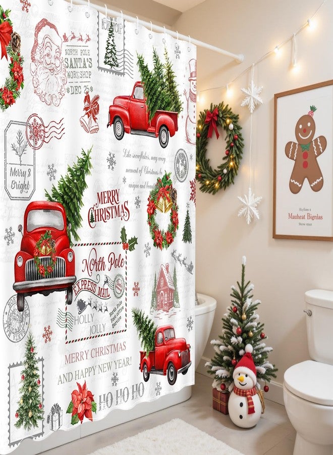 Mocsicka Vintage Christmas Shower Curtain for Bathroom Xmas Tree Snowflake Shower Curtain Red Truck Pine Tree Bath Curtain for Christmas Bathroom Curtain 72 X 72 Inch Waterproof - Image 2