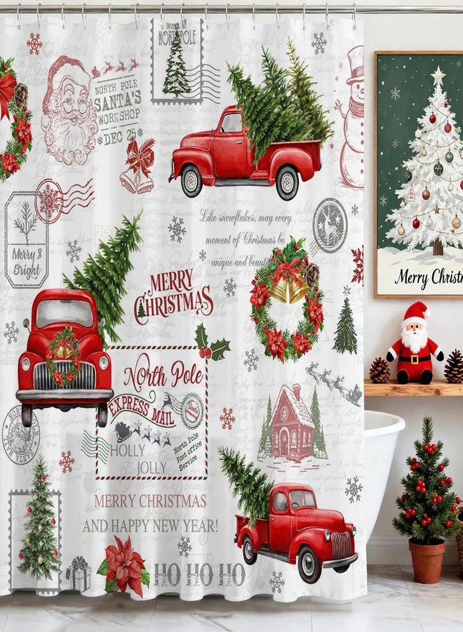 Mocsicka Vintage Christmas Shower Curtain for Bathroom Xmas Tree Snowflake Shower Curtain Red Truck Pine Tree Bath Curtain for Christmas Bathroom Curtain 72 X 72 Inch Waterproof - Image 1