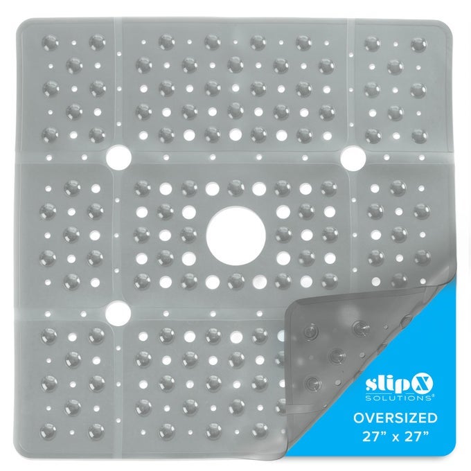 27 OVERSIZE SQUARE SHOWER MAT NONSLIP MAT FOR ELDERLY KIDS 100 POWER GRIP SUCTION CUPS FOR SMOOTH SURFACES MACHINE WASHABLE TRANSLUCENT GRAY