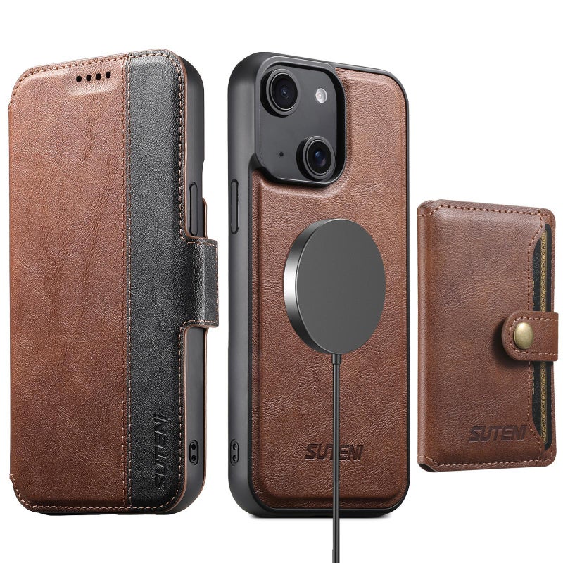 Suteni For Iphone 15 Plus Q07S1 3-In-1 Detachable Wallet Magsafe Splicing Leather Phone Case(Brown) - Image 1