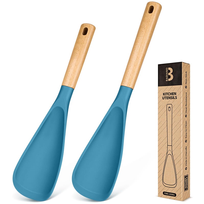 Badiano Multifunction Spoon for Nonstick Cookwares, Great for Cooking and Serving, Sturdy BPA-Free Matte Silicone, Wood Handle spoonula for Mixing, Scoop, and Scrape, Turquoise(2 pack,11.4" & 13.4") - Image 1