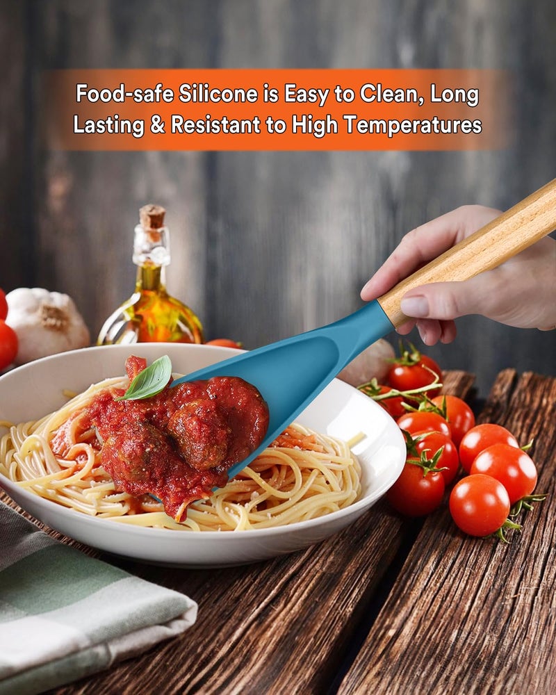 Badiano Multifunction Spoon for Nonstick Cookwares, Great for Cooking and Serving, Sturdy BPA-Free Matte Silicone, Wood Handle spoonula for Mixing, Scoop, and Scrape, Turquoise(2 pack,11.4" & 13.4") - Image 3