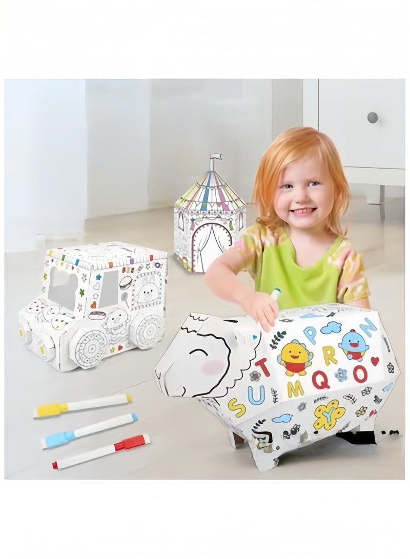 أشغال يدوية إبداعية للتلوين من الورق المقوى المصغر، بيت ألعاب ألغاز ثلاثي الأبعاد، ألعاب رسم ملونة خفيفة الوزن، بيت لعب للأطفال، ألعاب تعليمية ذات خيال إبداعي يمكن تجميعها ورسمها - Image 2