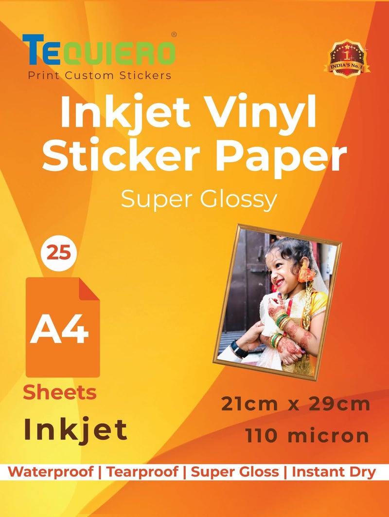 TeQuiero Photo Inkjet Vinyl Sticker Paper Glossy Waterproof Sheets Pearl Self Adhesive A4 Size Vinyl Photo Paper (Inkjet) - 25 Sheets - Image 1