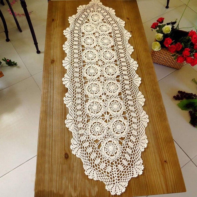 Laivigo مفرش طاولة لايفيجو المصنوع يدويًا من الدانتيل الكروشيه مستطيل 16 × 35 بوصة بيج - Image 1
