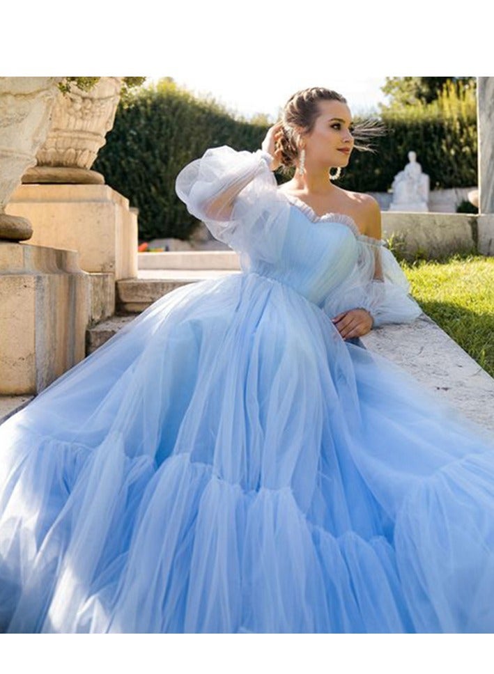 NIBEMINENT Elegant Off-Shoulder Ball Gown Women Slash-Neck Comfort Mesh Formal Dress Bridesmaid Clothing Blue Floor-Length Party Robes - Image 1