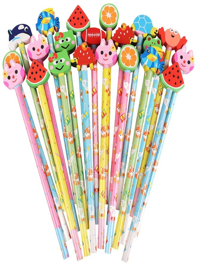 DERAYEE 24PCS Cute Pencils with Fruit Animal Top Eraser, Fun Wooden Pencil for Kids Students Reward Prize Classroom Party Favors - Image 1