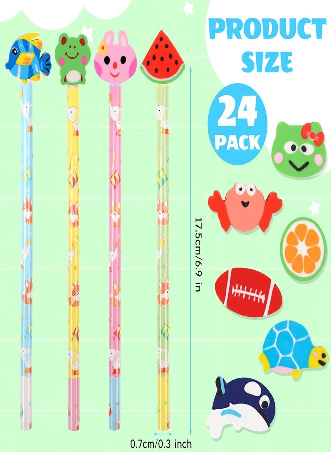 DERAYEE 24PCS Cute Pencils with Fruit Animal Top Eraser, Fun Wooden Pencil for Kids Students Reward Prize Classroom Party Favors - Image 2