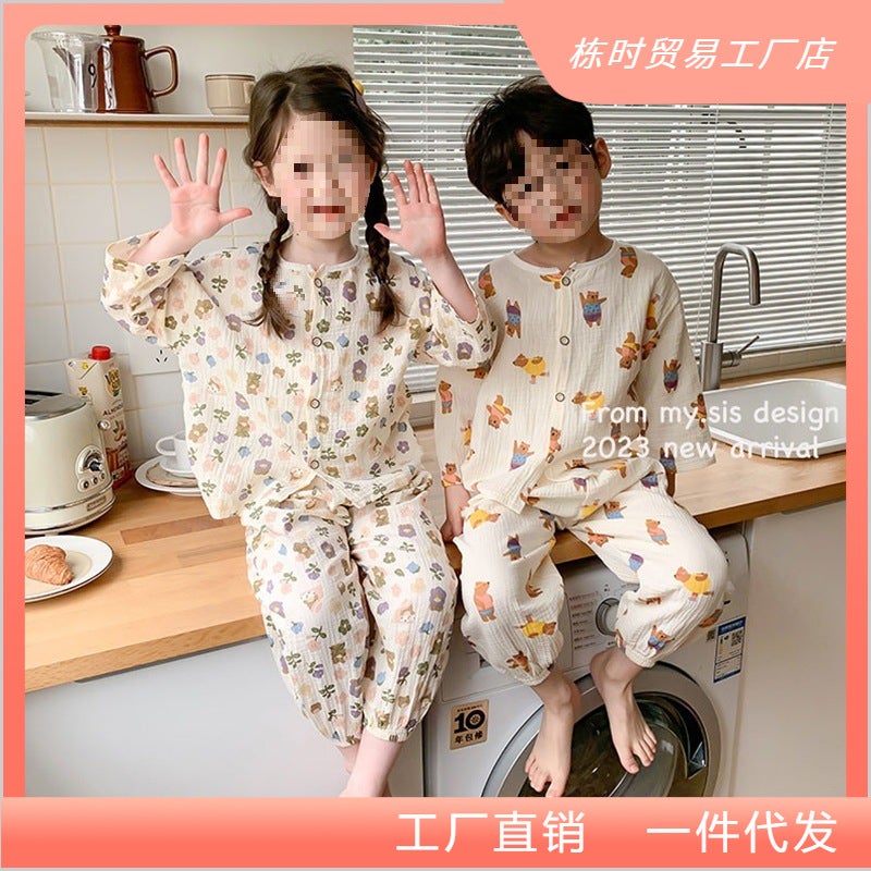 New Kidsren'S Thin Double-Layer Cotton Gauze Pajamas Summer Girls' Home Clothes Loose Baby Boy Long-Sleeved Air-Conditioned Clothes - Image 3