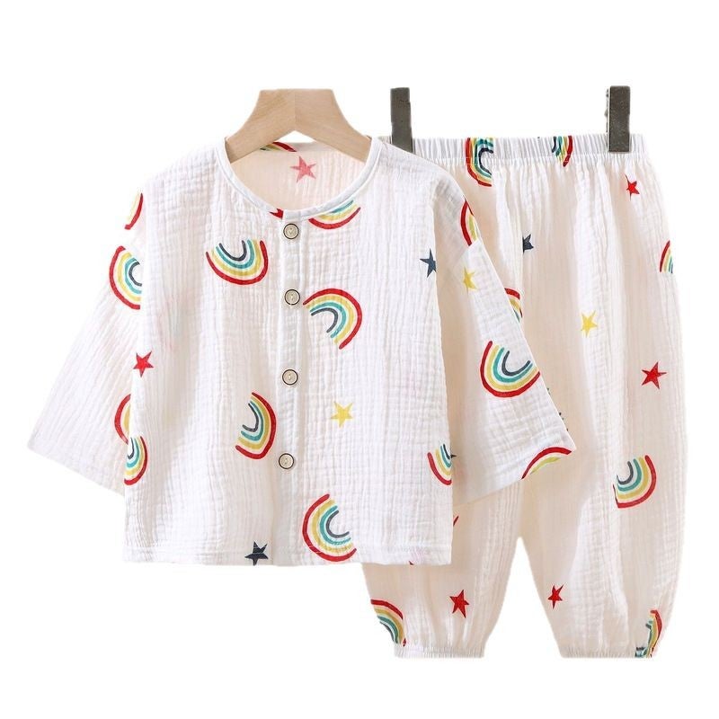 New Kidsren'S Thin Double-Layer Cotton Gauze Pajamas Summer Girls' Home Clothes Loose Baby Boy Long-Sleeved Air-Conditioned Clothes - Image 5