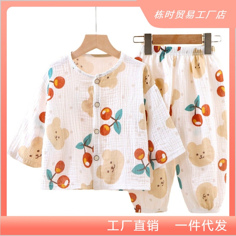 New Kidsren'S Thin Double-Layer Cotton Gauze Pajamas Summer Girls' Home Clothes Loose Baby Boy Long-Sleeved Air-Conditioned Clothes - Image 4