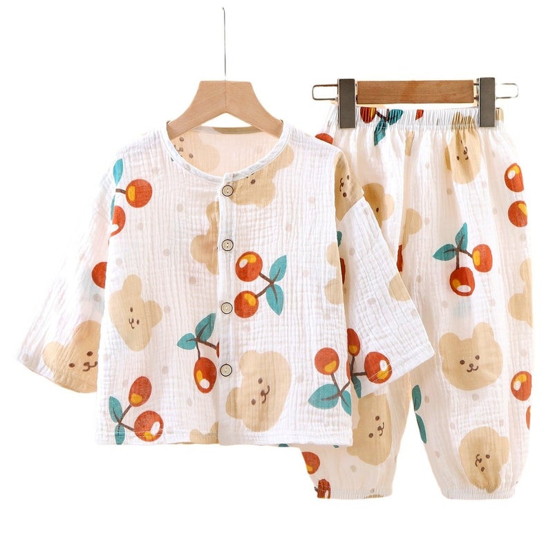 New Kidsren'S Thin Double-Layer Cotton Gauze Pajamas Summer Girls' Home Clothes Loose Baby Boy Long-Sleeved Air-Conditioned Clothes - Image 1