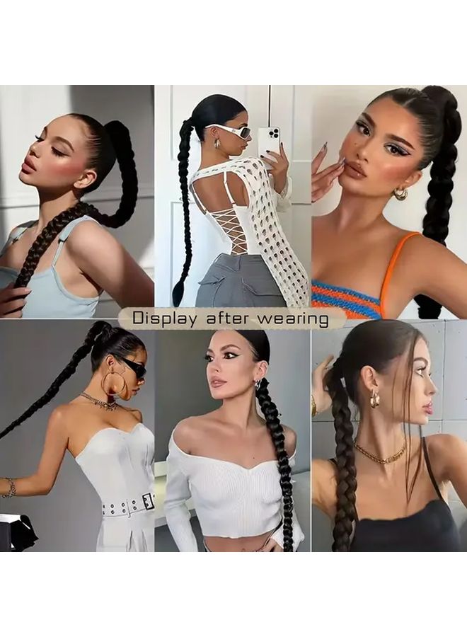 40 بوصة امتداد ذيل حصان طويل مستقيم شعر صناعي أسود مع جديلة - Image 5