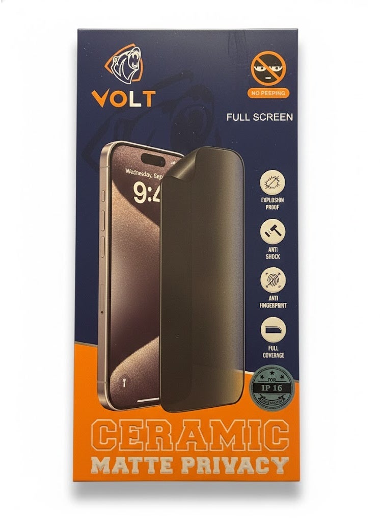 VOLT iPhone 16 tempered glass privacy screen protector made of matte ceramic - Image 1