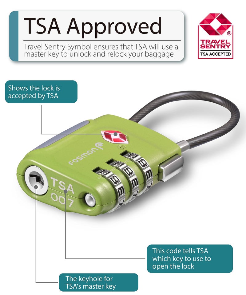 Fosmon TSA Approved Luggage Locks, Cable Suitcase Travel Lock, 3 Digit Long Shackle Combination Padlock, Wire Lock for Gym Locker, Backpack Anti Theft - Image 2