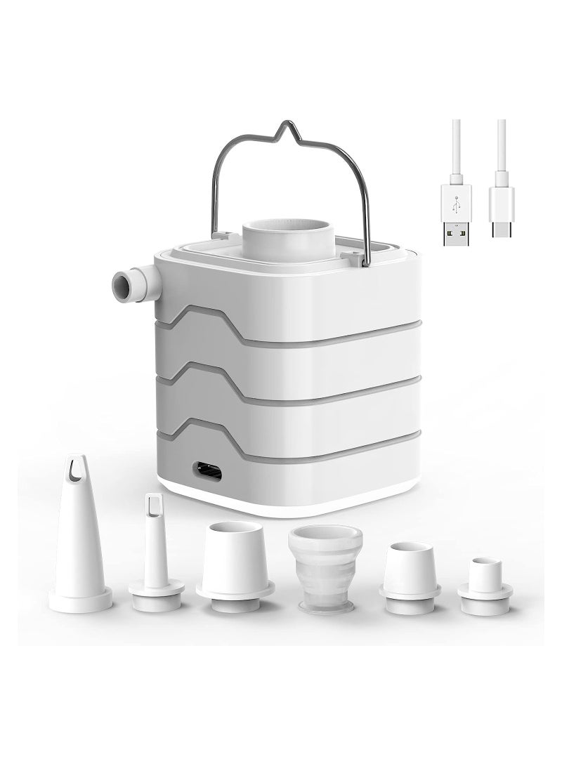 SOLARAE مضخة هواء للنفخ، مضخة هواء كهربائية مع ضوء تخييم، مضخة قابلة لإعادة الشحن عبر USB بحجم صغير جداً مع 5 فوهات لمراتب الهواء، حلقات السباحة، عوامات/ألعاب (بيضاء) - Image 1