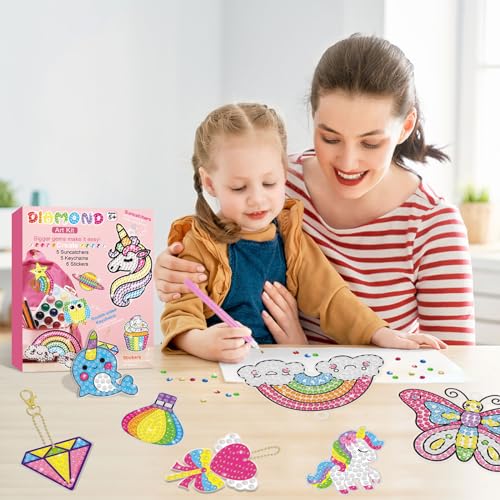 BANBBUR 16 Pcs Gem Art for Kids Age 4-8 8-12,Kids Crafts 5D Gem Diamond Art Kit with 5 Suncatchers/5 Keychains/6 Magical Stickers,Painting Art Crafts for Christmas - Image 2