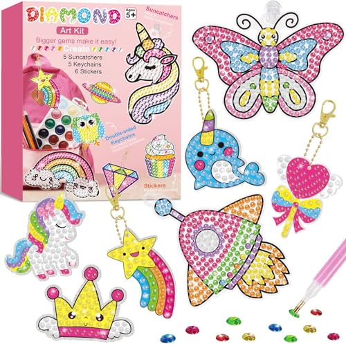 BANBBUR 16 Pcs Gem Art for Kids Age 4-8 8-12,Kids Crafts 5D Gem Diamond Art Kit with 5 Suncatchers/5 Keychains/6 Magical Stickers,Painting Art Crafts for Christmas - Image 1
