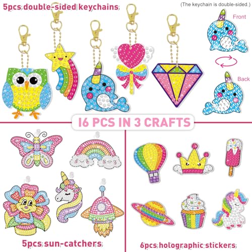 BANBBUR 16 Pcs Gem Art for Kids Age 4-8 8-12,Kids Crafts 5D Gem Diamond Art Kit with 5 Suncatchers/5 Keychains/6 Magical Stickers,Painting Art Crafts for Christmas - Image 3