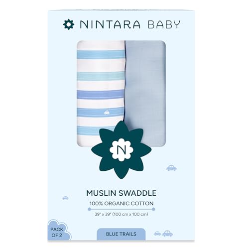 NINTARABABY Swaddles - 100% Organic Premium Muslin Cotton, 39"x 39" (100 x 100 cm), Ultra-Soft, Breathable & Lightweight, Multipurpose, Hypoallergenic, Gifts for Newborn Boys, Pack of 2 - Image 1