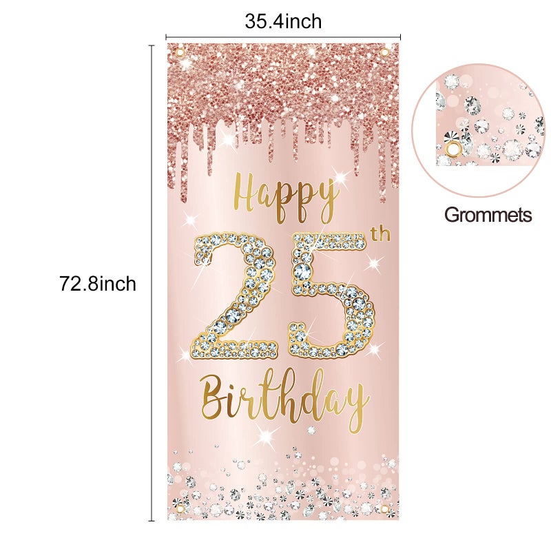 Excelloon 25th Birthday Door Banner Decorations for Women  Pink Rose Gold Happy 25 Birthday Backdrop Sign Party Supplies  Large 25 Year Old Birthday Poster Door Cover Decor - Image 2