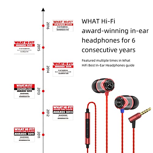 SoundMAGIC E10C Wired Earbuds with Microphone HiFi Stereo Earphones Noise Isolating in Ear Headphones Powerful Bass Tangle Free Cord Black Red - Image 3