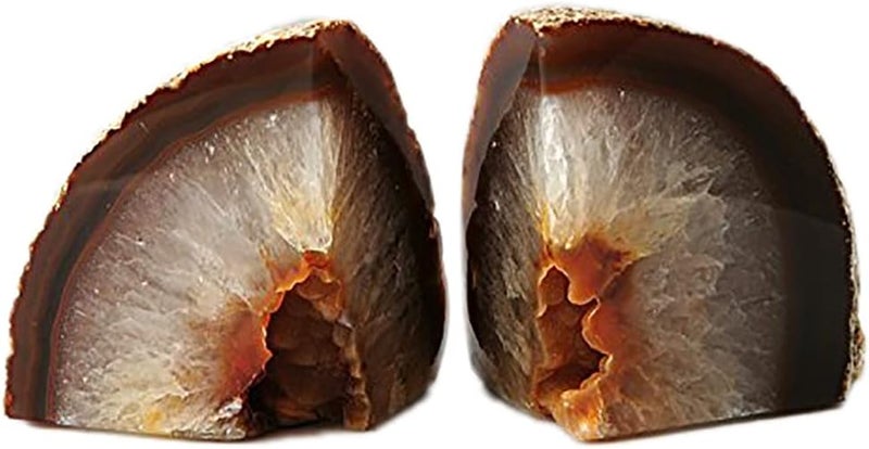 AMOYSTONE Geode Bookends Agate Shelve Decor Crystal Book Ends for Heavy Books Nature Brown with Rubber Bumper(1 Pair, 3-4 LBS) - Image 1