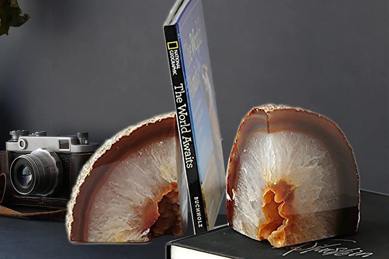 AMOYSTONE Geode Bookends Agate Shelve Decor Crystal Book Ends for Heavy Books Nature Brown with Rubber Bumper(1 Pair, 3-4 LBS) - Image 5
