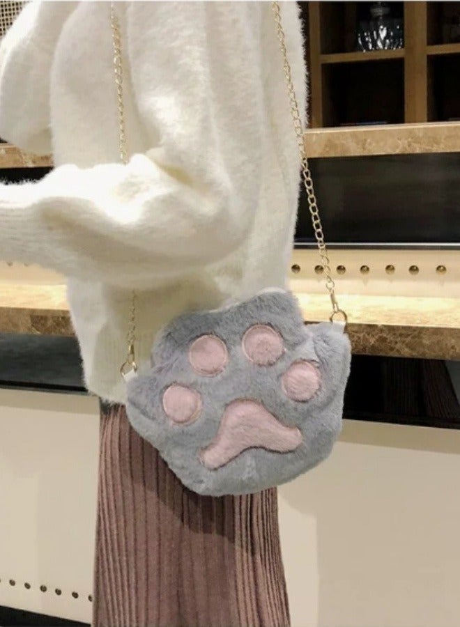 DUNISO Cat Paw Shape Shoulder Bag Cross Body Bags Purse Fluffy Plush Handbag Clutch with Chain Strap Cartoon Plush Fluffy Sling Bag for Travel