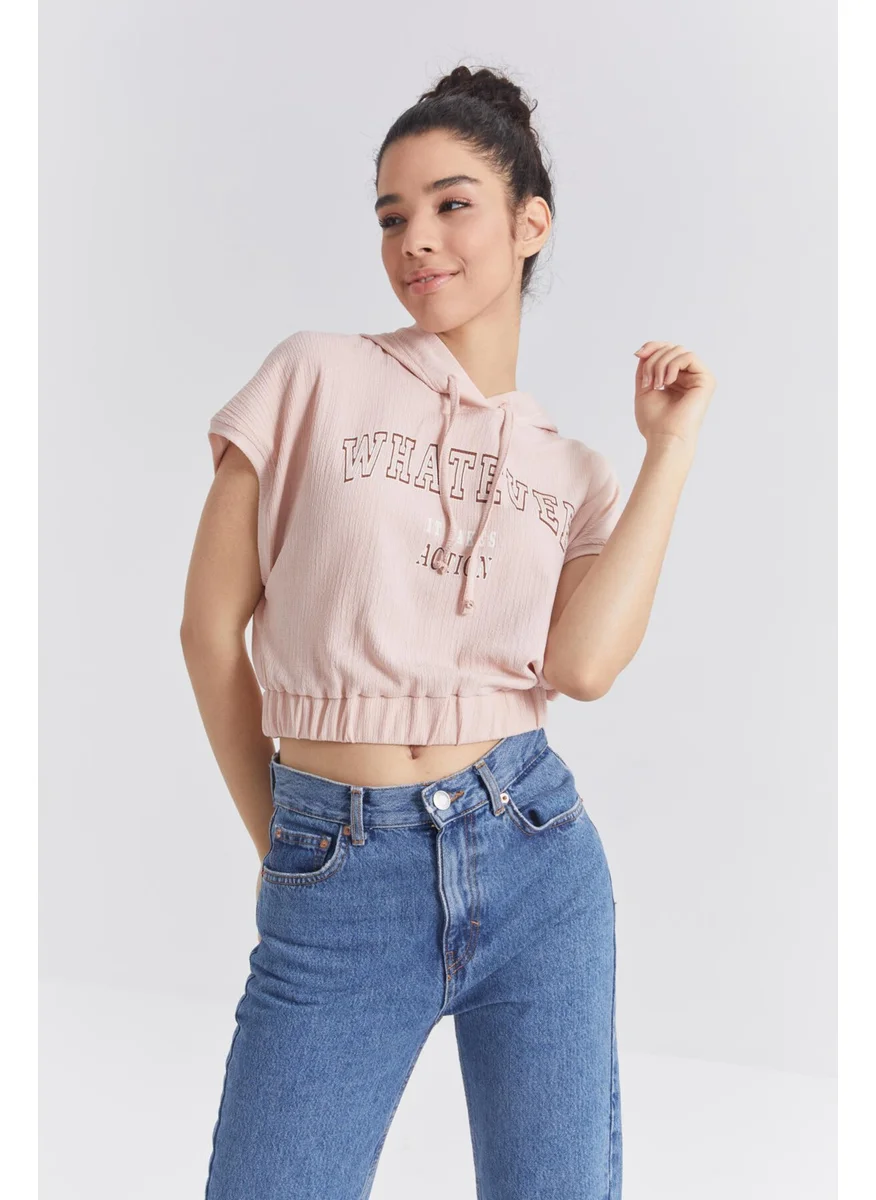Tommy Life Salmon Hooded Text Printed Drawstring Waist Women's Crop Top T-Shirt - 97230